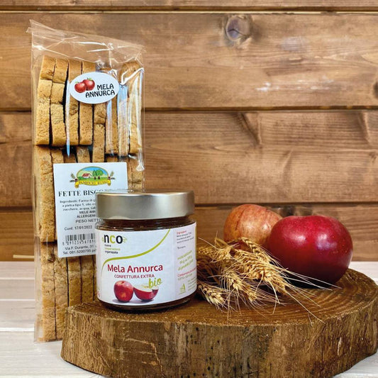 BOX COLAZIONE MELA - Marmellata extra di mela annurca biologica in barattolo di vetro da 240g "Fattoria dei Sogni" - Fette biscottate di grani antichi macinati a pietra - "Panificio Russo" - La Bottega di Fuori di Zucca